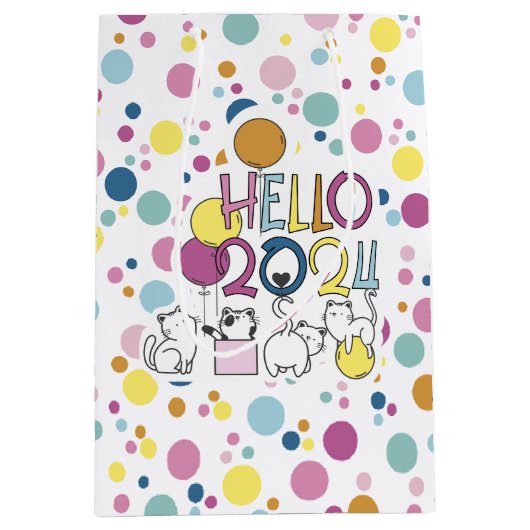 Hallo Neujahr 2024 mit Katzen spielen Mittlere Geschenktüte (Vorderseite)