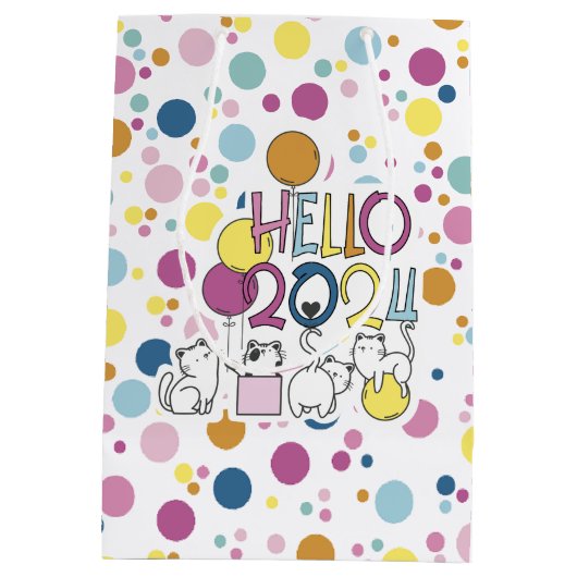 Hallo Neujahr 2024 mit Katzen spielen Mittlere Geschenktüte (Rückseite)