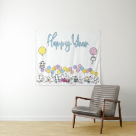 Hallo Neujahr 2024 mit Katzen spielen Wandteppich