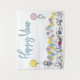 Hallo Neujahr 2024 mit Katzen spielen Wandteppich