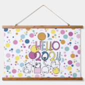 Hallo Neujahr 2024 mit Katzen spielen Wandteppich Mit Holzrahmen (Vorne)