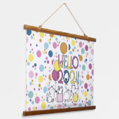 Hallo Neujahr 2024 mit Katzen spielen Wandteppich Mit Holzrahmen (Gewinkelt)