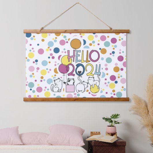 Hallo Neujahr 2024 mit Katzen spielen Wandteppich Mit Holzrahmen (Schlafzimmer)