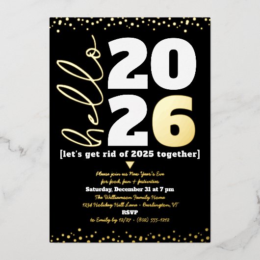 Hallo Neujahr Skript Custom Jahr Schwarzes Gold Folieneinladung (Vorderseite)