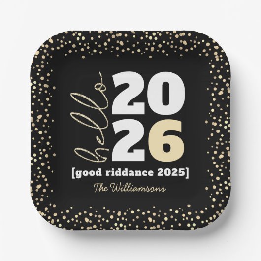 Hallo New Year Black Gold Modern Custom Year Name Pappteller (Vorderseite)