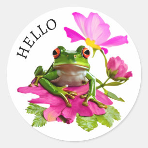Hallo ! Niedlicher Frosch oder Toad auf rosa Blume Runder Aufkleber