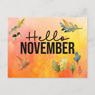 Hallo November mit Falling Blätter Aquarell Feiertagspostkarte