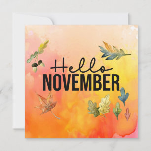Hallo November mit Falling Blätter Aquarellfarben Feiertagskarte