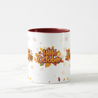 Hallo Oktober Herbstblätter Kürbis Saison  Tasse