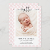 Hallo Pink Gingham Birth Ankündigung Foto-Karte (Vorne/Hinten)