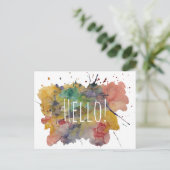 Hallo Postcard mit farbenfrohen Watercolor-Splashe Postkarte (Stehend Vorderseite)