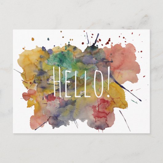 Hallo Postcard mit farbenfrohen Watercolor-Splashe Postkarte (Vorderseite)