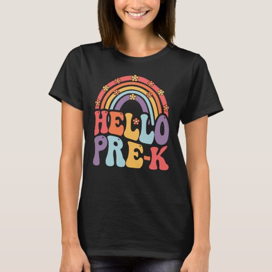 Hallo Pre-k Retro Boho Rainbow Zurück zur Schule T-Shirt (Vorderseite)