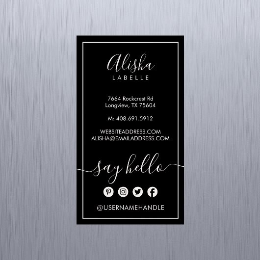 Hallo sagen | Elegant Black & Blush Pink Social Magnetische Visitenkarte