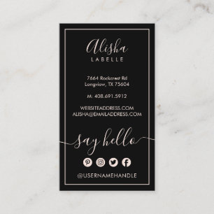 Hallo sagen   Elegant Black & Blush Pink Social Visitenkarte