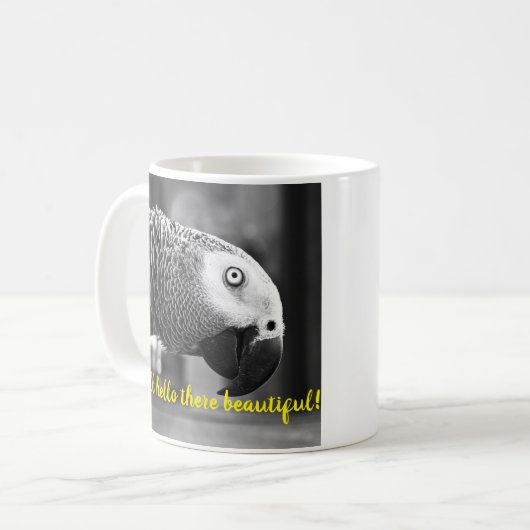 Hallo schön - Ein grauer Papagei. Kaffeetasse (Vorderseite Links)