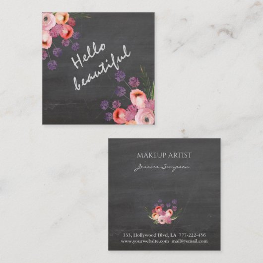 Hallo schöne typografische Tafel Boho Blumengestal Quadratische Visitenkarte (Vorne/Hinten)