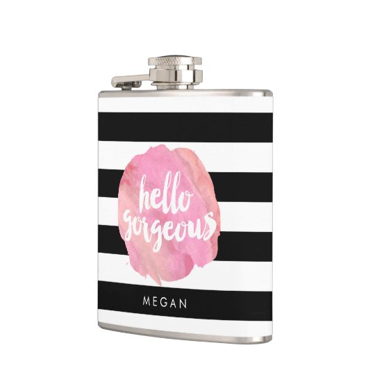 Hallo Schöner Schwarzer Streifen und rosa Wasserfa Flachmann (Links)