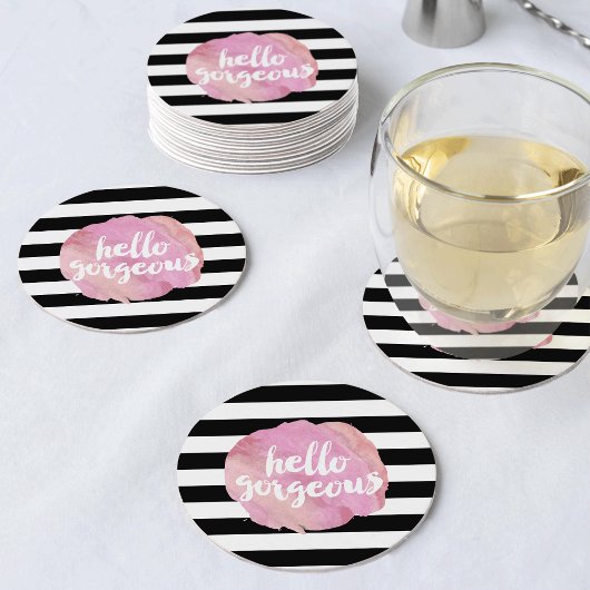 Hallo Schöner Schwarzer Streifen und rosa Wasserfa Runder Pappuntersetzer