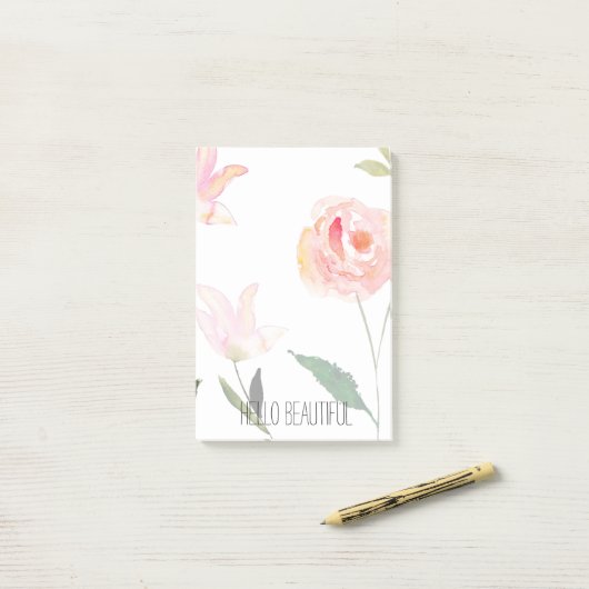 Hallo schönes Aquarell mit Blumen Post-it Klebezettel (Auf Schreibtisch)