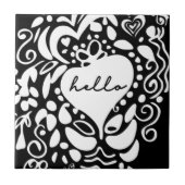 "Hallo" Schwarz & Weiß, Herz, Blätter Muster Fliese (Vorderseite)