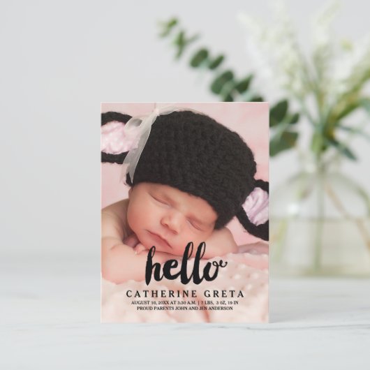 Hallo-Script | Baby Birth Announction Postcard Ankündigungspostkarte (Stehend Vorderseite)