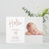 Hallo-Skript Herz Terracotta Foto geburt Ankündigung (Stehend Vorderseite)