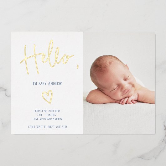 Hallo Skript Herzblauer Foto Kind Geburt Folieneinladung (Vorderseite)