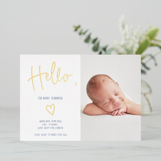 Hallo Skript Herzblauer Foto Kind Geburt Folieneinladung (Stehend vorne)