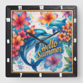Hallo Sommer Dolphin Floral Quadratische Wanduhr (Vorderseite)