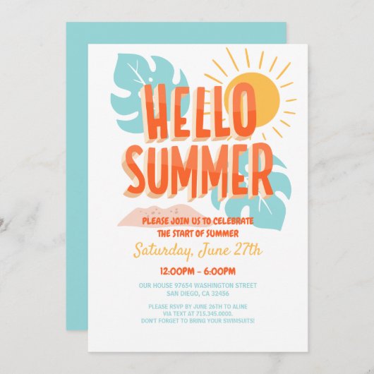 Hallo Sommer, Ende der Schule Party, Pool Party Einladung (Vorne/Hinten)