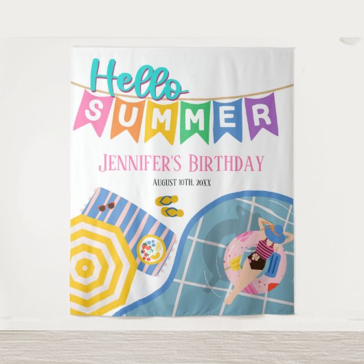 Hallo Sommer farbenfrohe Pool Party Hintergrund Wandteppich (Vorderseite)