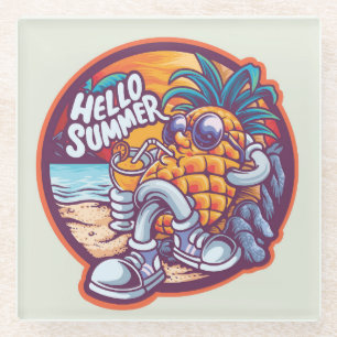 Hallo Sommer glücklich Ananas Zeichnend Glasuntersetzer