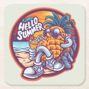 Hallo Sommer glücklich Ananas Zeichnend Rechteckiger Pappuntersetzer