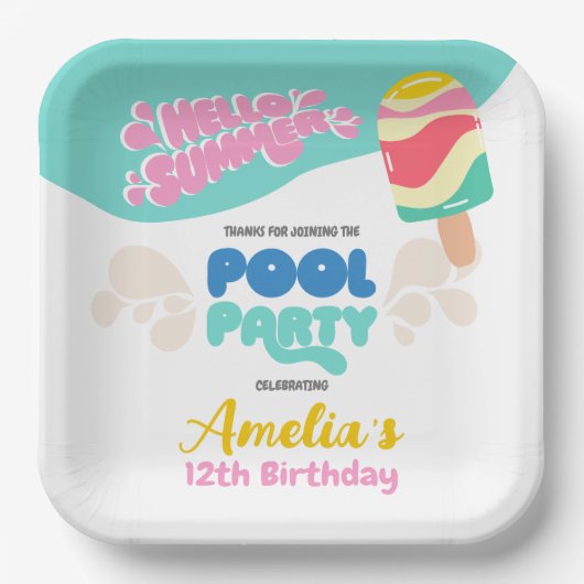 Hallo Sommer! Pool-Party Einladung Pappteller (Vorderseite)