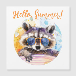 Hallo Sommer Raccoon in Sonnenbrille Wasserfarbe Magnetkarte