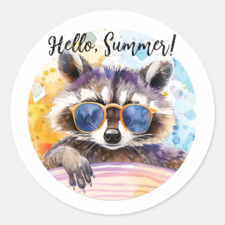 Hallo Sommer Raccoon in Sonnenbrille Wasserfarbe Runder Aufkleber