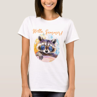 Hallo Sommer Raccoon in Sonnenbrille Wasserfarbe T-Shirt