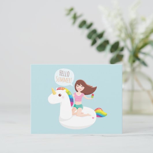 Hallo Sommer Rainbow Unicorn Pool Float Postkarte (Stehend Vorderseite)