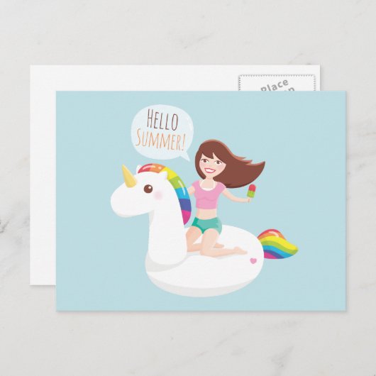 Hallo Sommer Rainbow Unicorn Pool Float Postkarte (Vorne/Hinten)