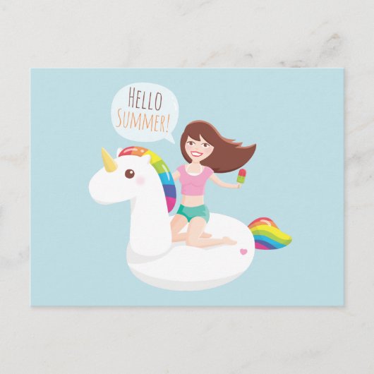 Hallo Sommer Rainbow Unicorn Pool Float Postkarte (Vorderseite)