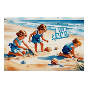 Hallo Sommer Retro Kinder spielen am Strand Poster
