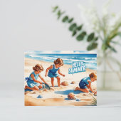 Hallo Sommer Retro Kinder spielen am Strand Postkarte (Stehend Vorderseite)