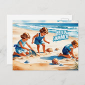 Hallo Sommer Retro Kinder spielen am Strand Postkarte (Vorne/Hinten)