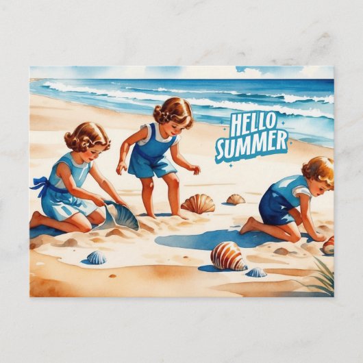 Hallo Sommer Retro Kinder spielen am Strand Postkarte (Vorderseite)