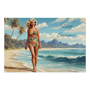 Hallo Sommer Retro Lady Walking am Strand Poster