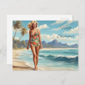 Hallo Sommer Retro Lady Walking am Strand Postkarte (Vorne/Hinten)