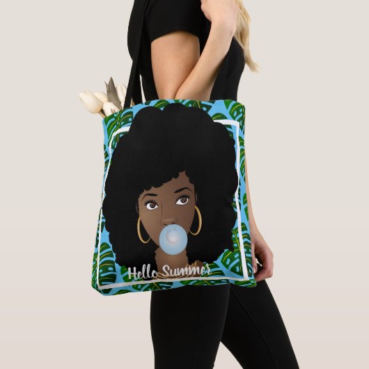 Hallo Sommer, Schwarze Frau, tropische Blätter, Bl Tasche (Von Nahem)