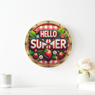 Hallo Sommer Strawberry Gingham Große Wanduhr