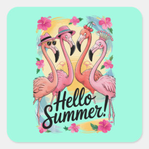 Hallo Sommer Süßer Flamingo Strand Urlaub Tropisch Quadratischer Aufkleber
